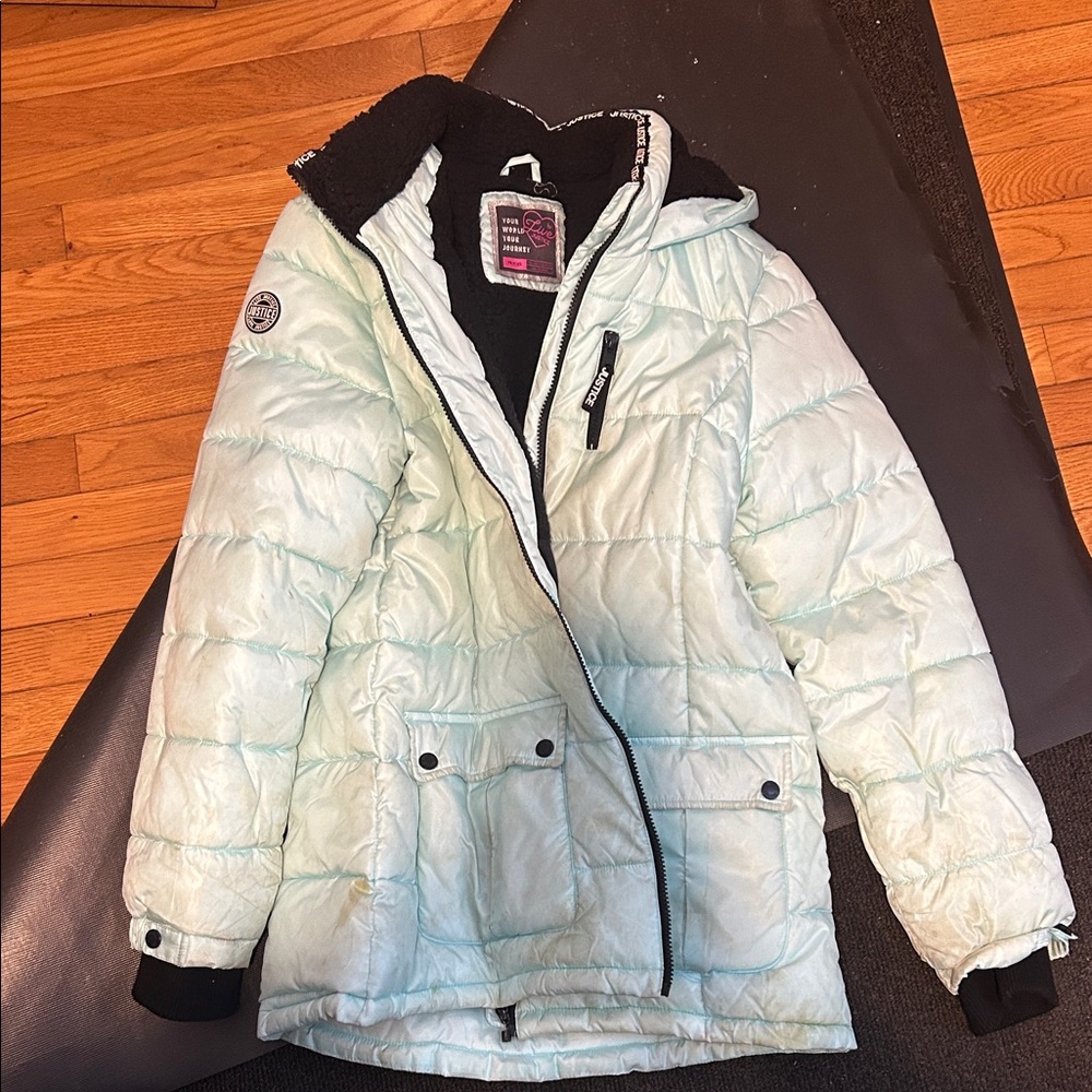 Light Blue Puffer Jacket with Black Accents